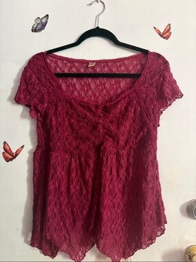 Lacy Cap-Sleeve Women's Top - Wine Red